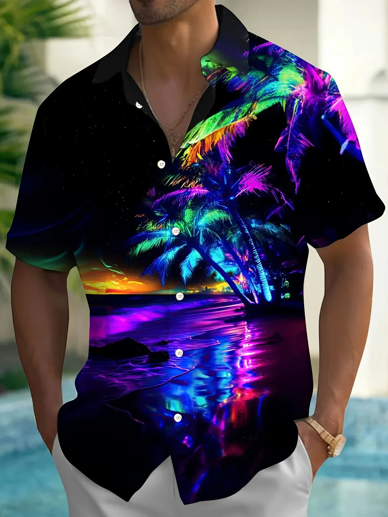 Men Summer Short Sleeve Hawaiian Aloha Shirt, Neon Night Palm Beach Ocean Reflection Print Multi Style Available