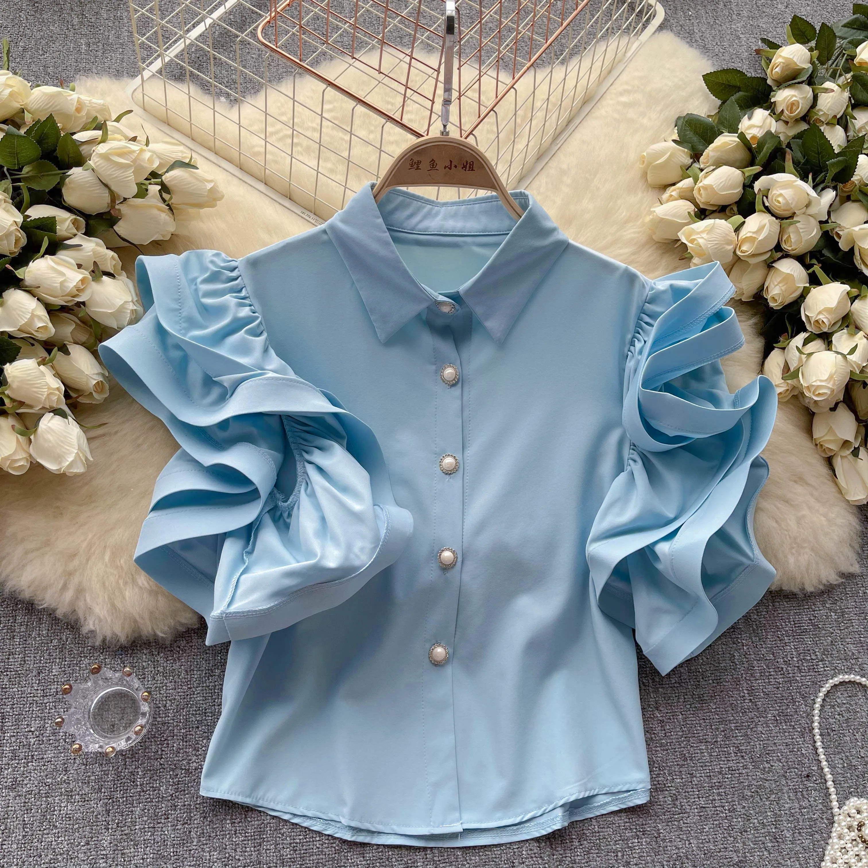 Elegant Sleeveless Butterfly Sleeve Blouse Chic Vintage Fashion Crop Top Women Spring/Summer Shirts Clothing