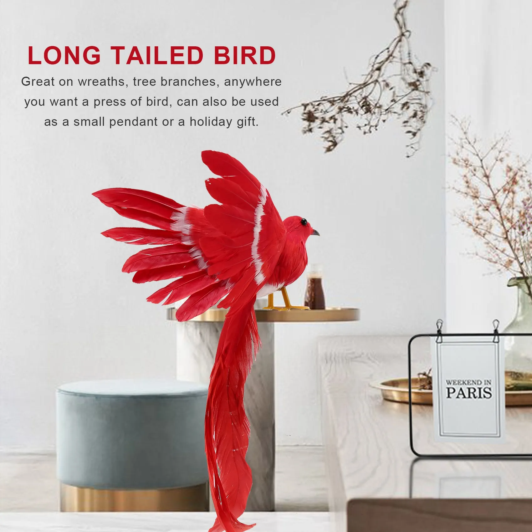 Artificial Bird Feathers Plastic Figurine Landscape Ornament Garden Decor Christmas DIY Halloween - #3(Red tail), 28 * 5 * 3cm