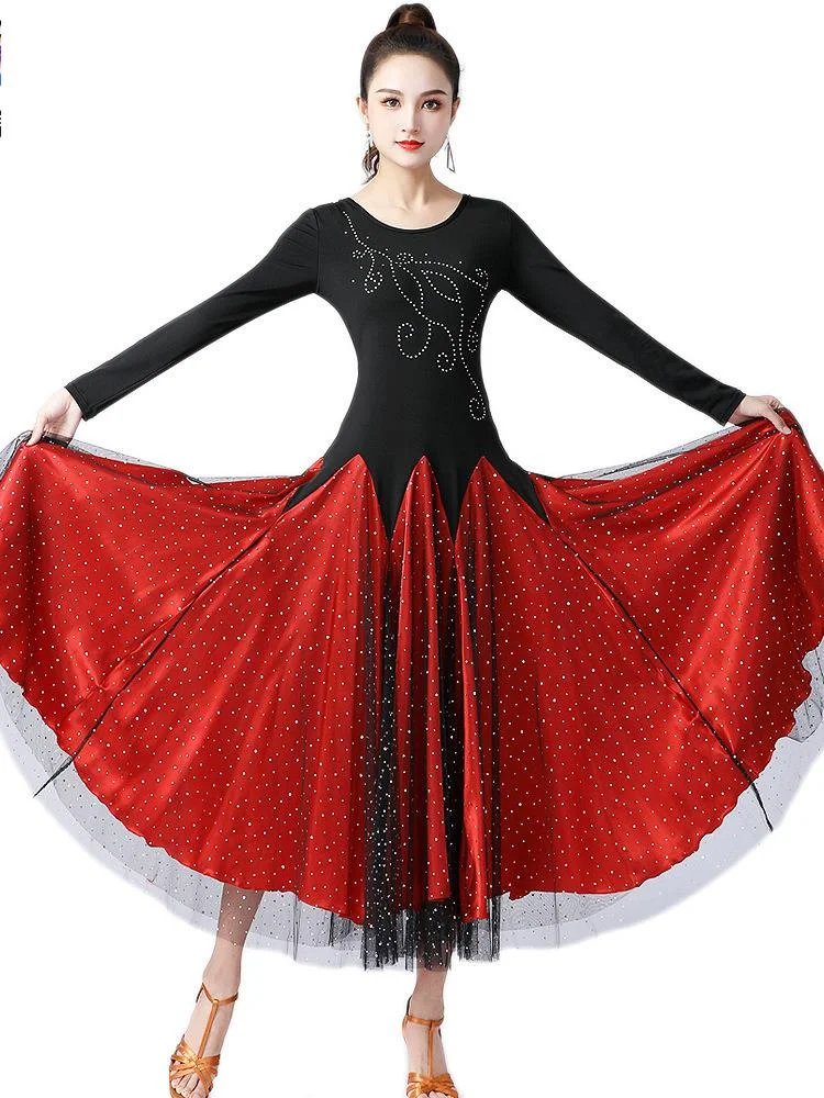 Alta qualidade vestido de dança de salão de baile feminino desempenho vestidos modernos padrão tango valsa vestido mangas compridas