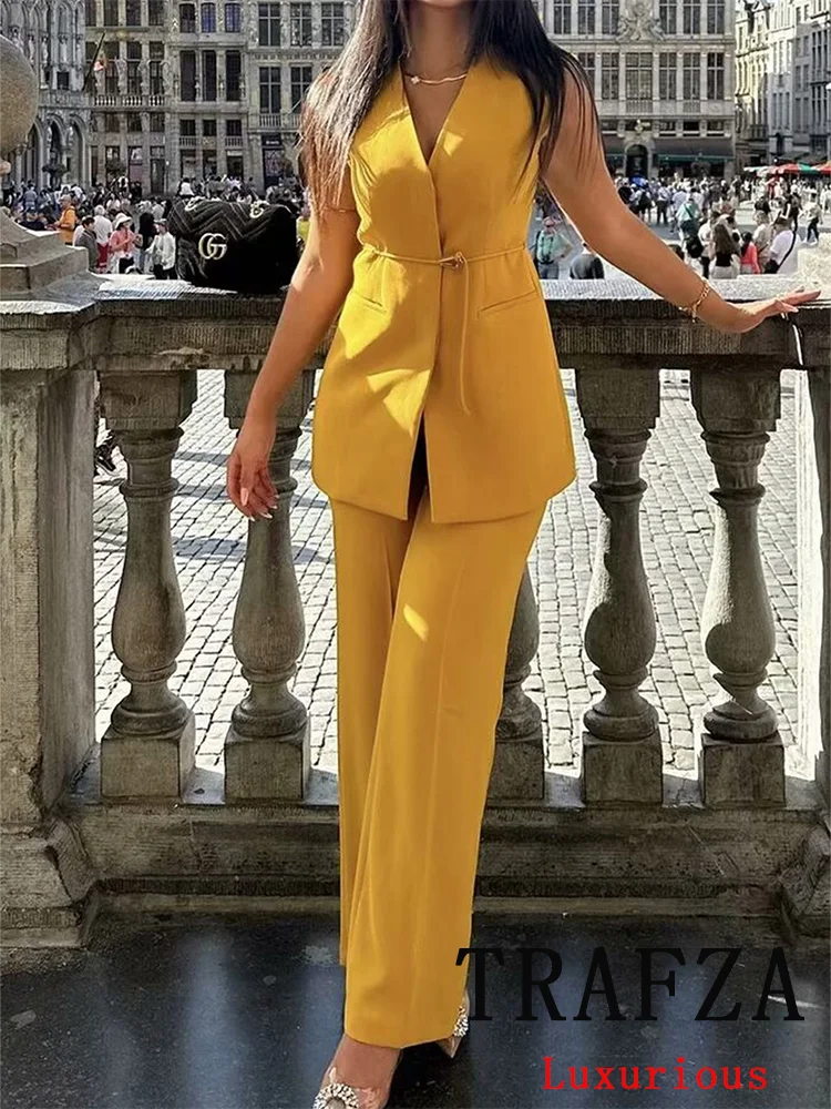 TRAFZA Vintage Chic Solid Women Suit V-Neck Sleeveless Single Button Belt Vest Straight Loose Pants Fashion 2024 Office Lady Set