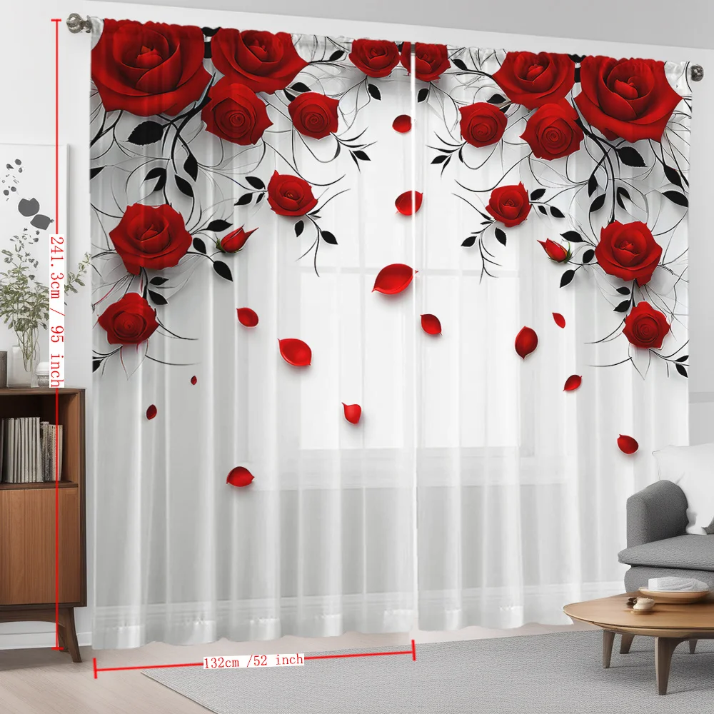 2 Pcs White & Red Rose Valentine Print Curtains – Home Decor for Kitchen Cafe Living Room Dining Room Balcony Garden Bedroom