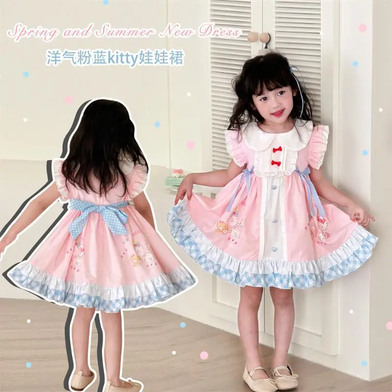 سانريو مرحبا كيتي الأطفال فستان الأميرة Kawaii فتاة فستان دمية تنورة الصيف الاطفال الكرتون أنيمي Bowknot الطباعة Longuette جديد