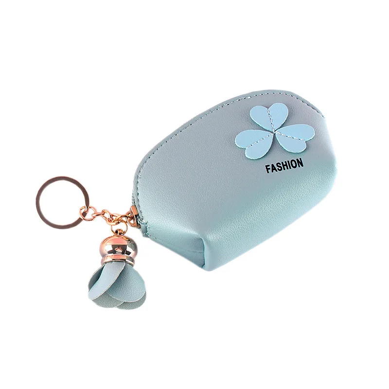 Lucky Clover Coin Purse - PU Leather Half Moon Wallet with Flower Charm & Key Ring (Multi-Organizer, Fashion Bag Accessory)