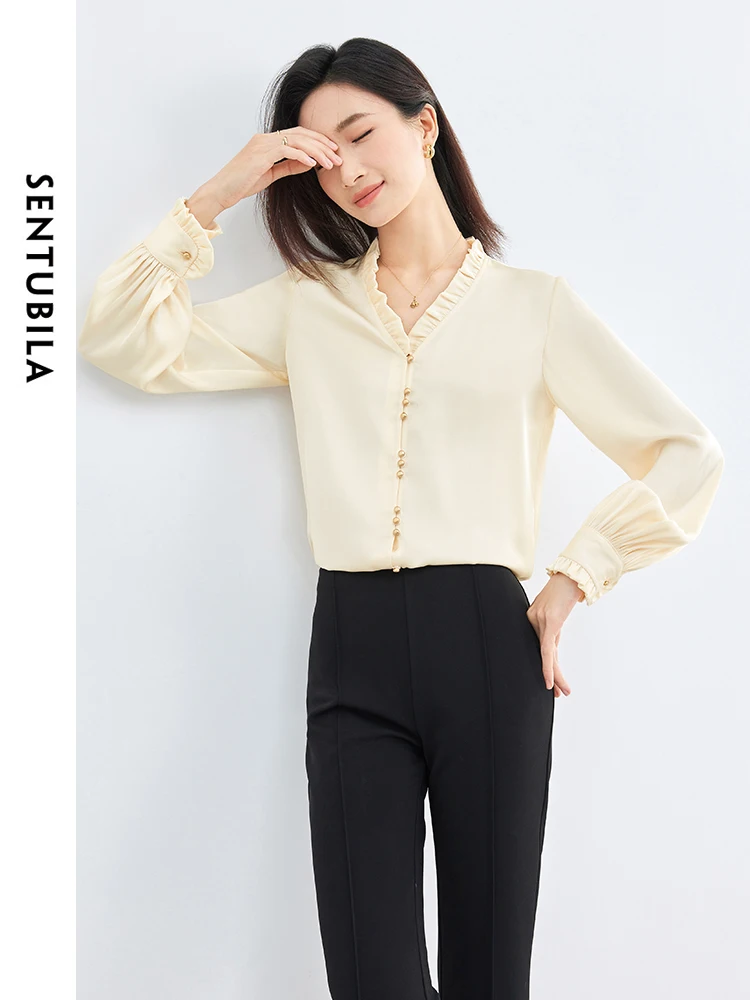 SENTUBILA Elegant French Satin Shirts Blouses Woman 2024 Spring Autumn Female V-neck Long Sleeve Tops Womens Clothes 141V53078