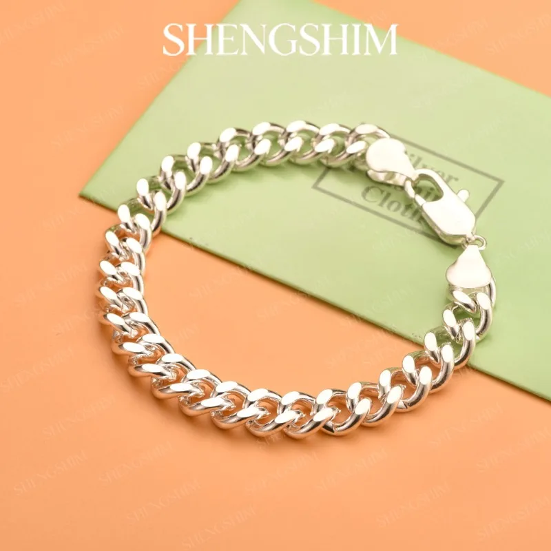 SHENGSHIM 925 Sterling Silver Chunky Curb Cuban Chain Lobster Clasp Bracelet For Men Women Fashion Jewelry Gift Weddings Party
