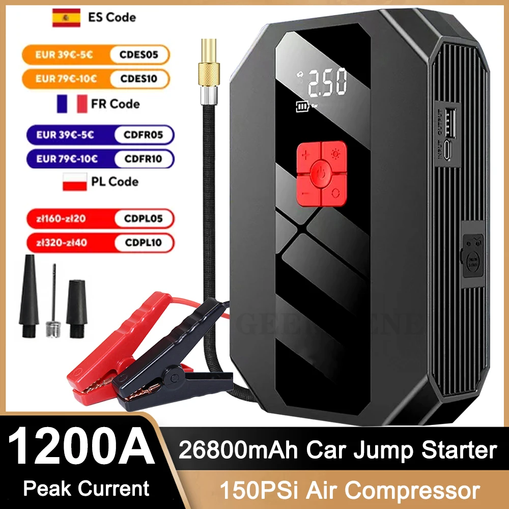 26800mAh Car Jump Starter Portable  Power Bank Air Compressor 150 PSi Tire Inflator Auto Portable Battery Starter for Cars