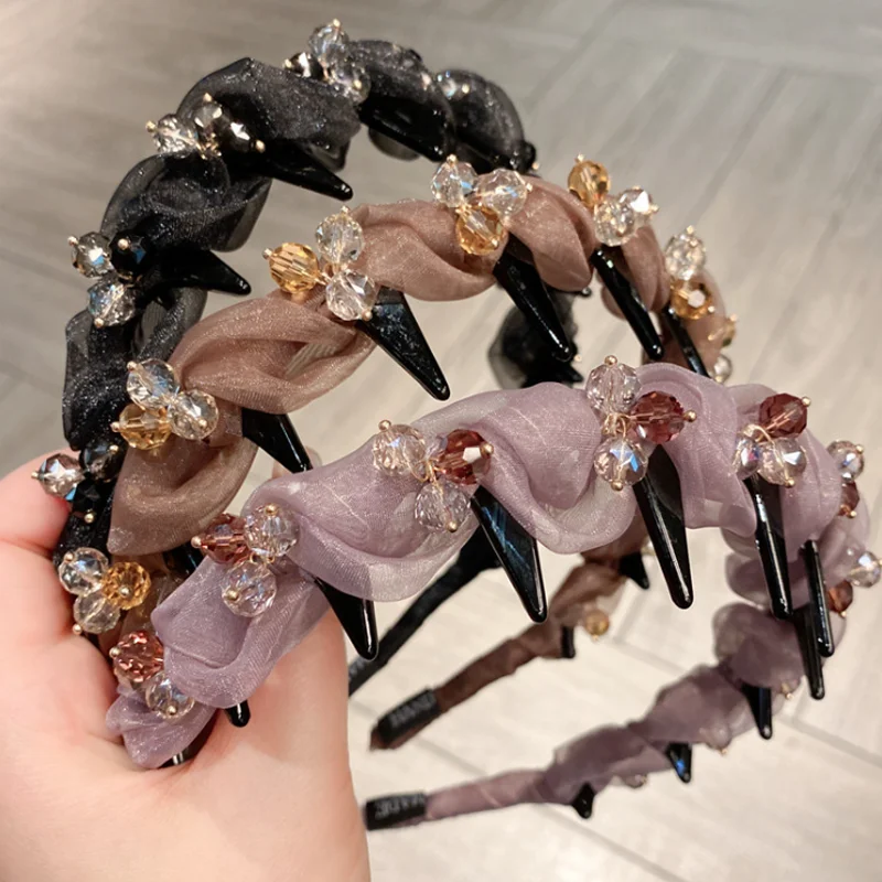 

Корейская супер-изысканная шелковая повязка для волос для женщин, с кристаллами и бусинами, с зубчатой расческой, для фиксации волос, уличный головной убор