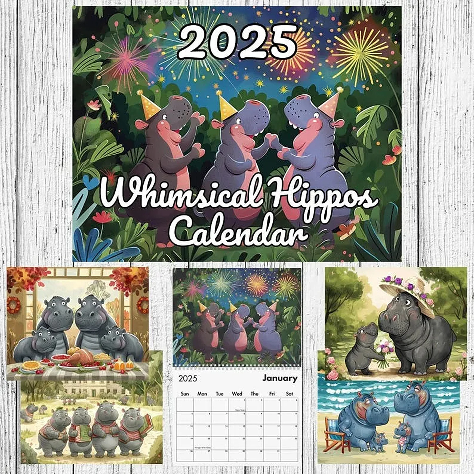 2025 Whimsical Hippos Wall Calendar 12 Months Wire-Binding Wall Calendars for Study Bedroom Office Use