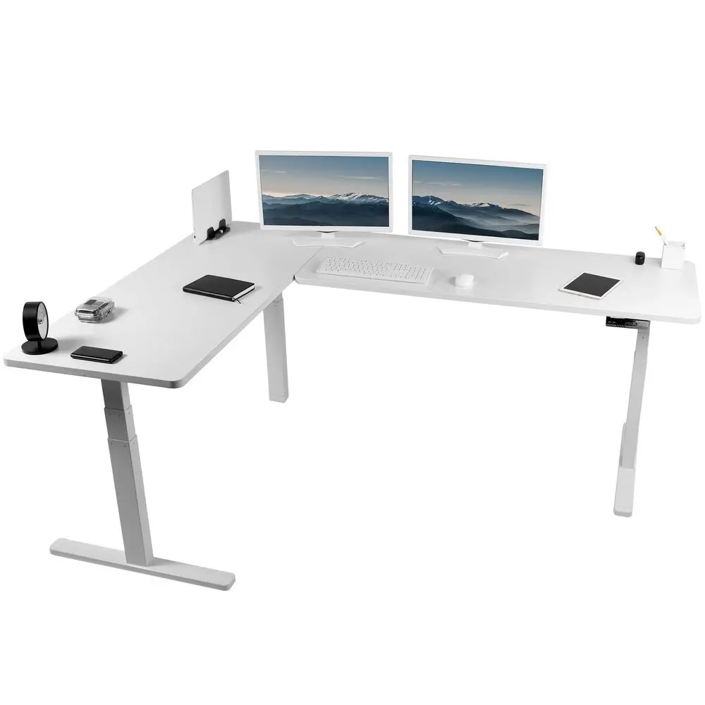 

Electric Height Adjustable 83 x 60 inch Corner Stand Up Desk, 2 White Solid Table Tops, White Frame, Memory Controller, LShaped