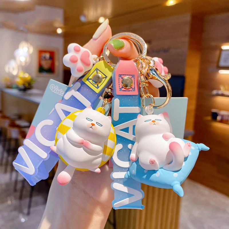 Cartoon VIVICAT Cloud Sleeping Lazy Cat Doll Key Chain Female Gift Cute Trend Macaron Swimming Ring Cat Animal Keyring Bag Charm
