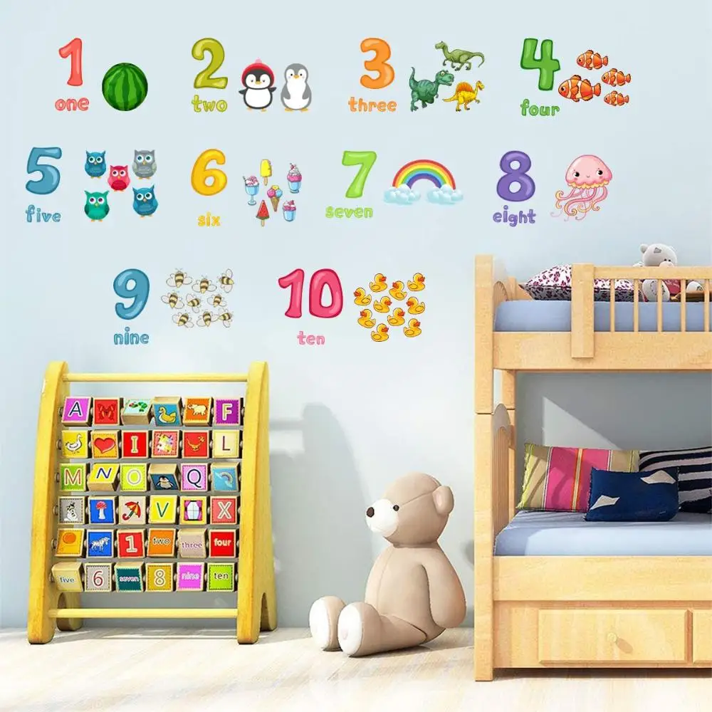 Education Animals With Arabic Numbers Wall Stickers Nursery Art Wall Self-adhesive Kids Rooms Decoration Decal Home Decor