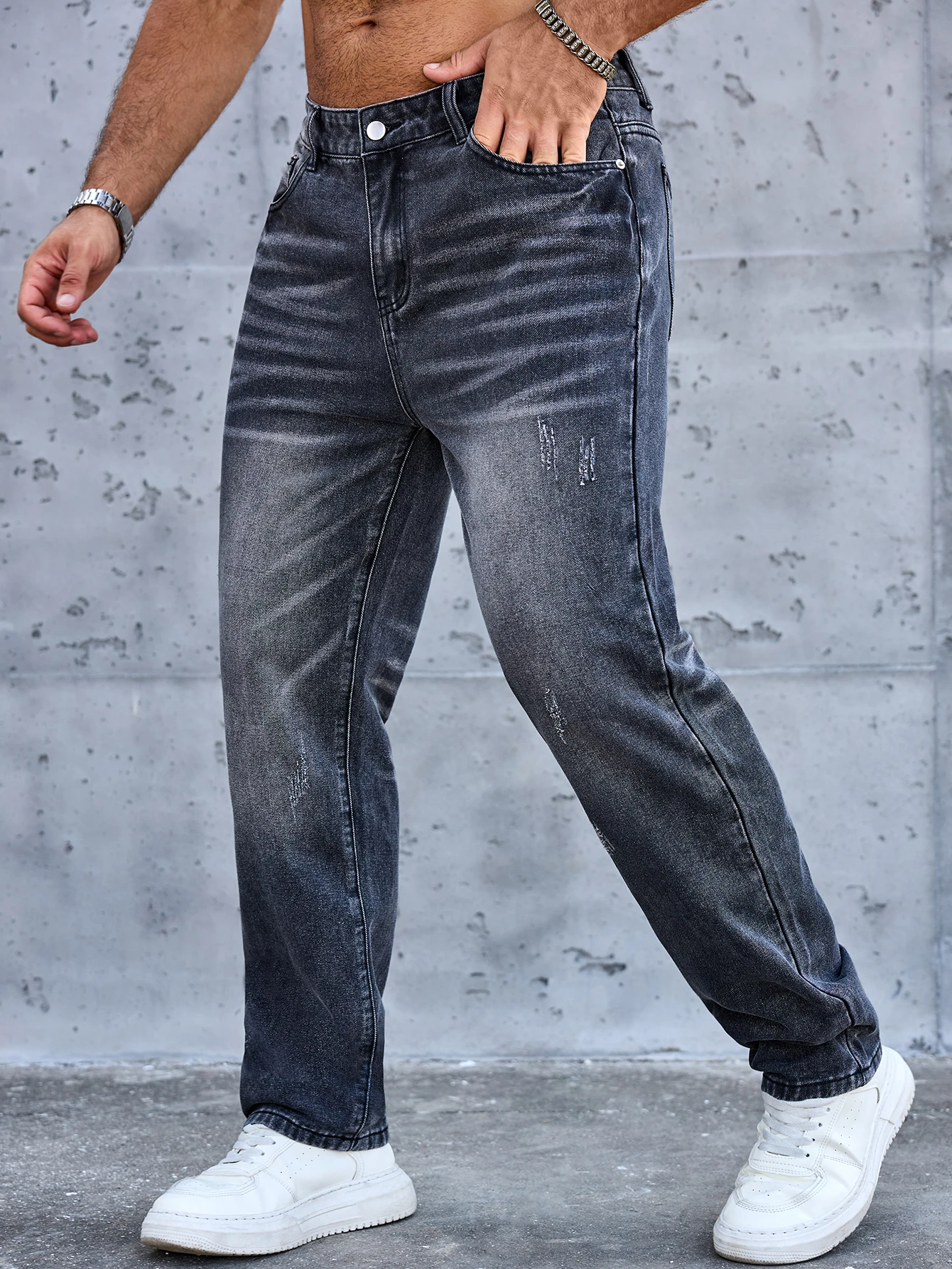 

Men's solid black loose-fit straight leg denim jeans non-stretch durable pants work/casual/outdoor/daily versatile wear