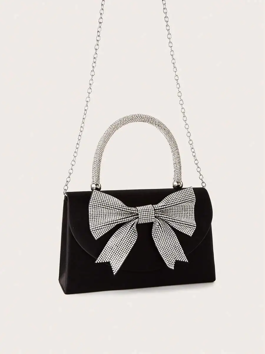 

Black Rhinestone Bow Clutch Bag With Chain Strap For Formal Events