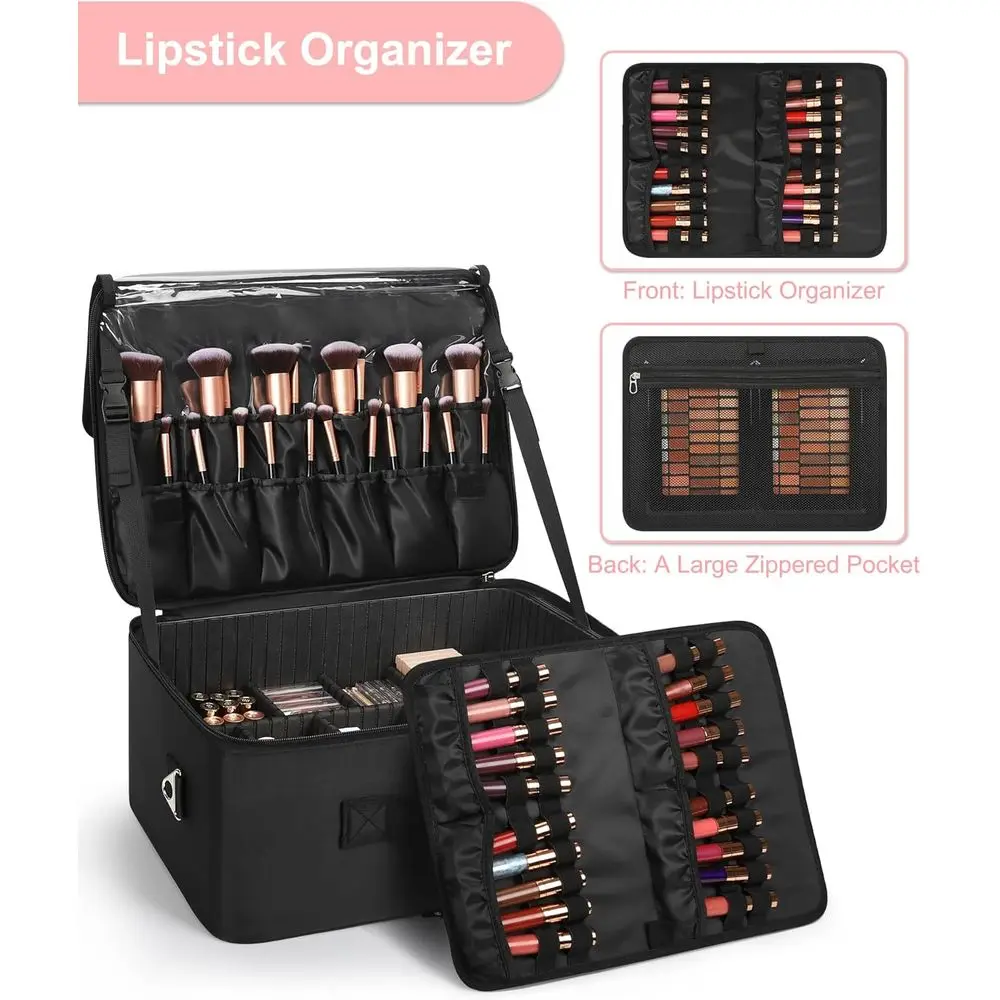 전문가용 메이크업 케이스 (조절 가능한 칸막이, 투명 가방, 립스틱 홀더, 어깨끈 포함)