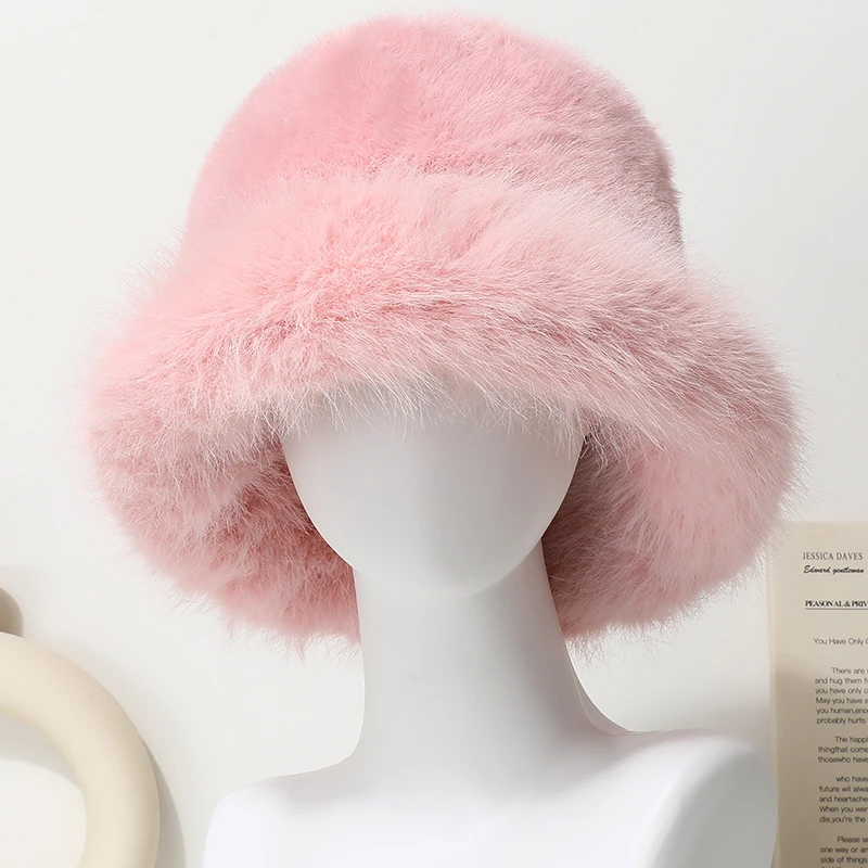Große Faux Pelz Eimer Hut für Frauen Dicke Plüsch Warme Schöne Flauschigen Winter Hut Dame Luxus Mode Pelzigen Panama Fischer Kappe – Detail 8
