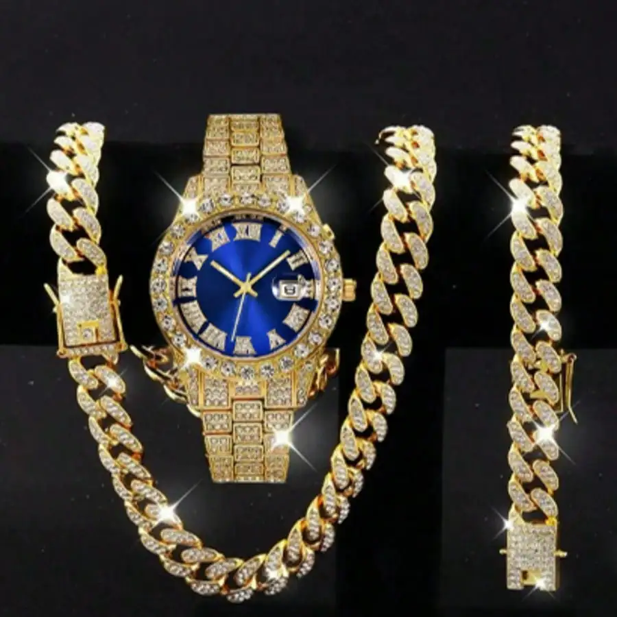 

Набор из 3 предметов: часы, ожерелье и браслет с золотистым покрытием и кристаллами для мужчин