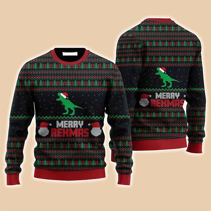 Family Matching Ugly Christmas Sweater Merry Rexmas Dinosaur Print Pullover Xmas Holiday Party Sweatshirt for Men Women Kids
