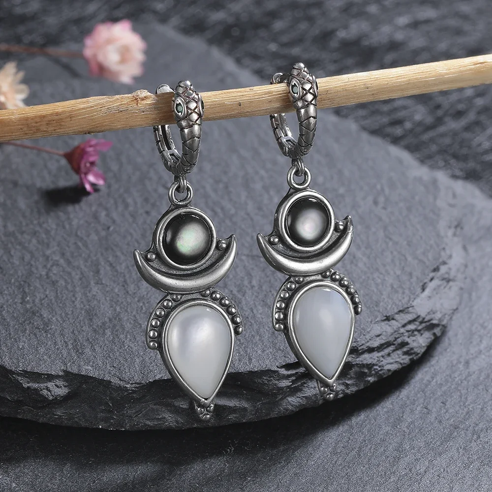 Natural Shell Stone Drop Earrings for Women White Black 925 Sterling Silver Hoop Earring Party Gift Fine Jewelry Wholesale