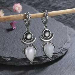 Natural Shell Stone Drop Earrings for Women White Black Silver Plated Hoop Earring Party Gift Fine Jewelry Wholesale