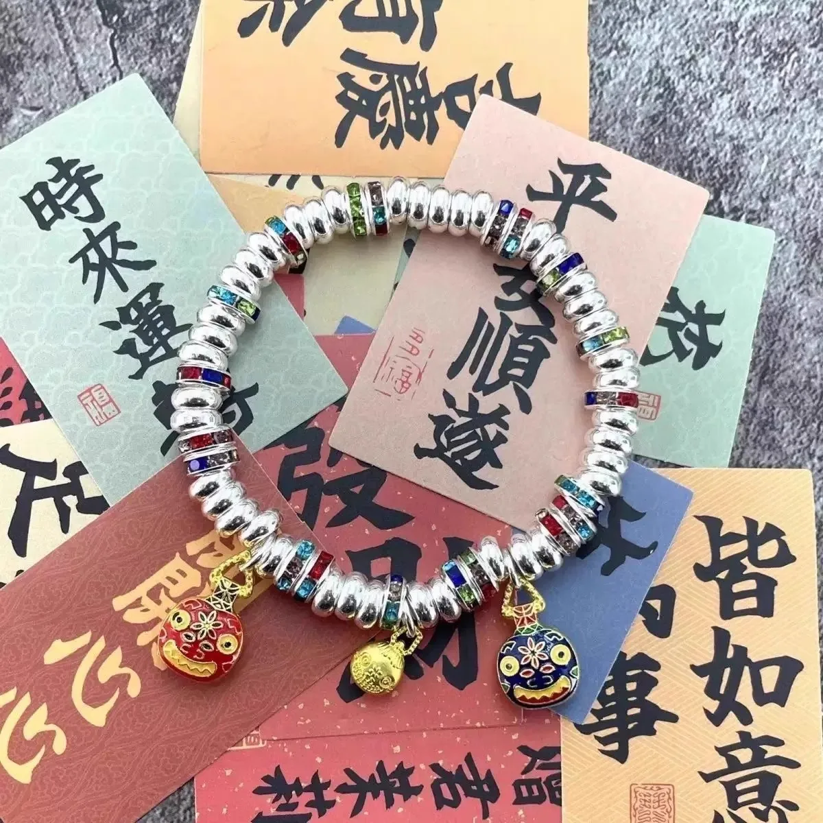 925 silver diamonds colored enamel round three Cute divine beast bracelet paint in golden glossy bracelets banquet jewelry