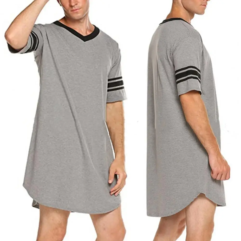 Ropa de estar por Casa de manga corta con cuello en V para hombre, ropa de dormir con estampado a rayas, estilo largo, Color superior a juego, Verano