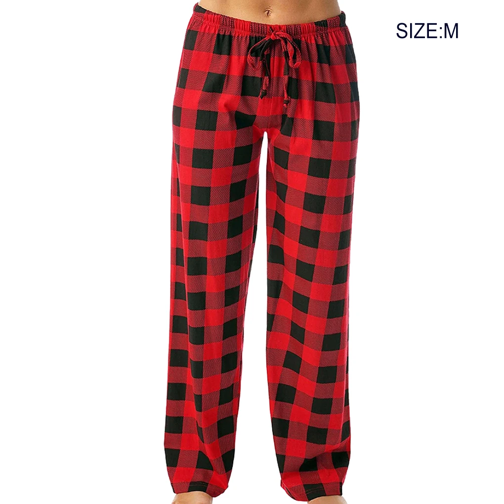 Women Ladies Pajamas Pants Plaid Breathable Casual Style Elastic Long Drawstring Trousers Underwear M Size Home