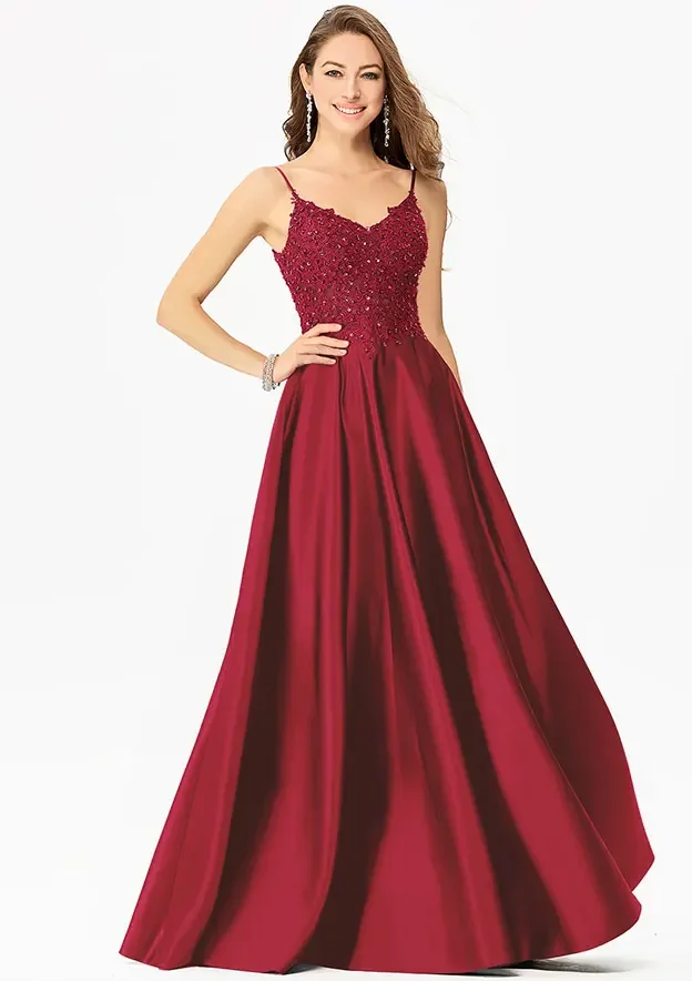 Prom Gown Evening Dress Spaghetti Strap Beaded Lace Satin A Line Formal Floor Length Wedding Guest Party Dress With Pockets