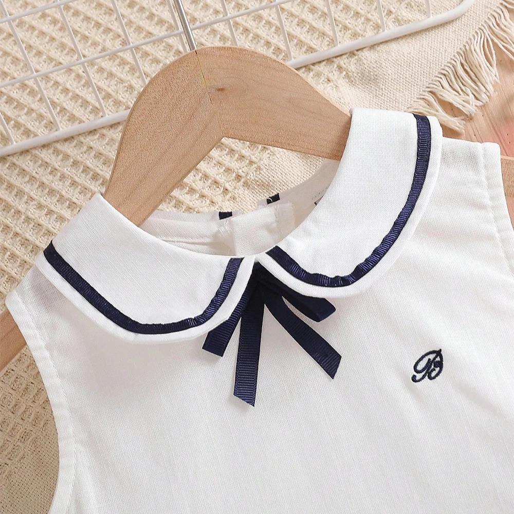 Mädchenkleid 2-6 Jahre Ärmellos im Preppy-Stil 100% Baumwolle Weiß Schuluniform-Stil Kinder Sommer-Outfits – Detail 3