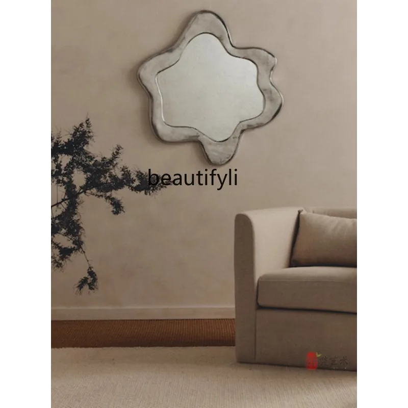 

light luxury silver mirror decorative mirror porch wall hanging special-shaped wabi sandy wind old wall hanging bathroom mirror