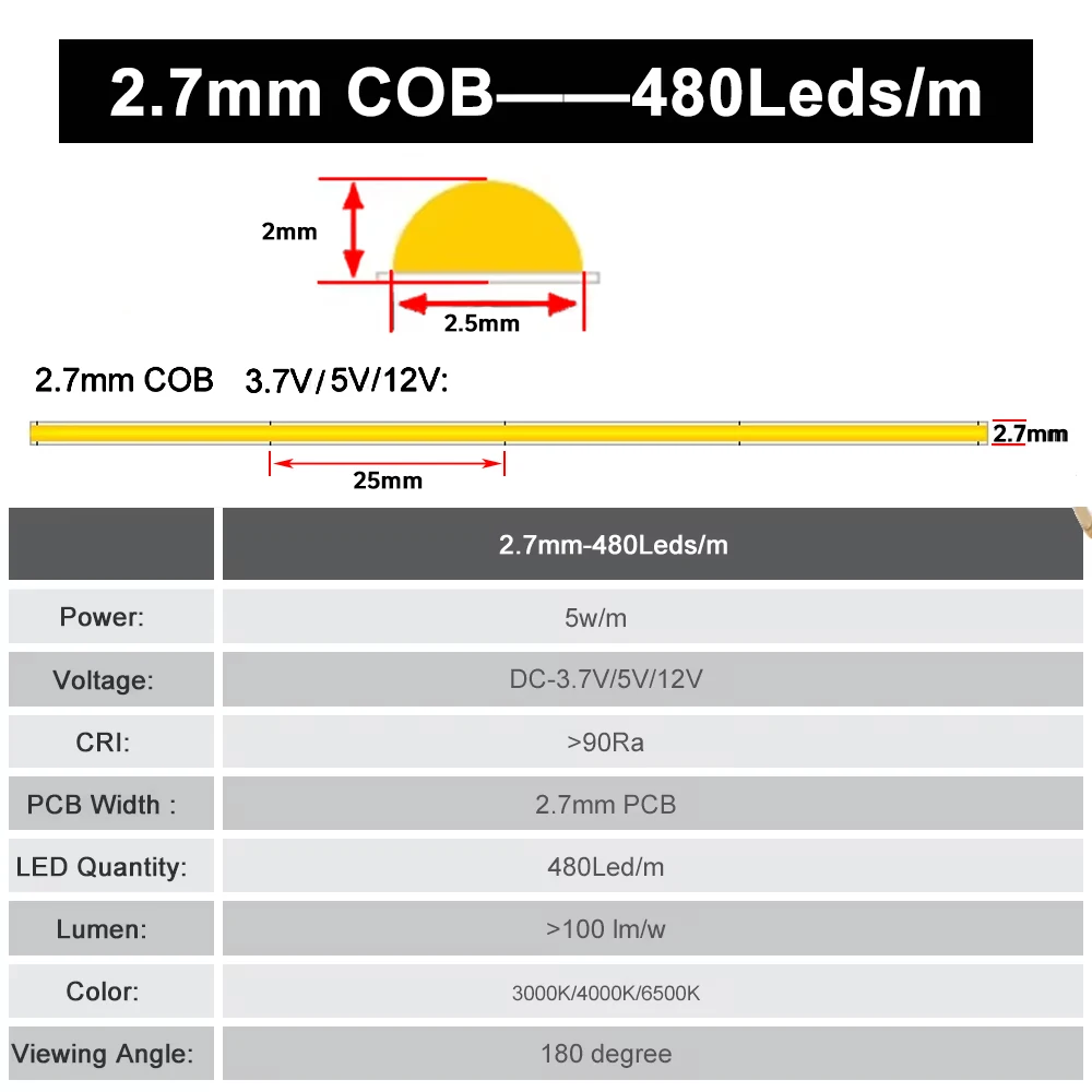 Strip LED COB Ultra tipis 2.7mm, 480LED/m kepadatan tinggi fleksibel lampu FOB Super ramping 3000K 4000K 6000K Linear dapat diredupkan DC 3,7 V/5V