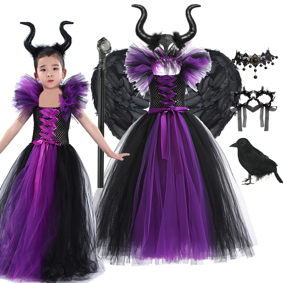 

Girls Evil Witch Tutu Dress Black Purple Witch Costume Maleficent Cosplay Tutu Dress with Accessories for Halloween Carnival