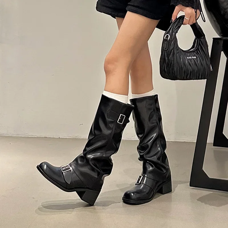 Comemore Autumn Women Biker Boots Fashion Belt Buckle Ladies Elegant Platform Long Pipe Booties Casual Women\'s Knee High Boots