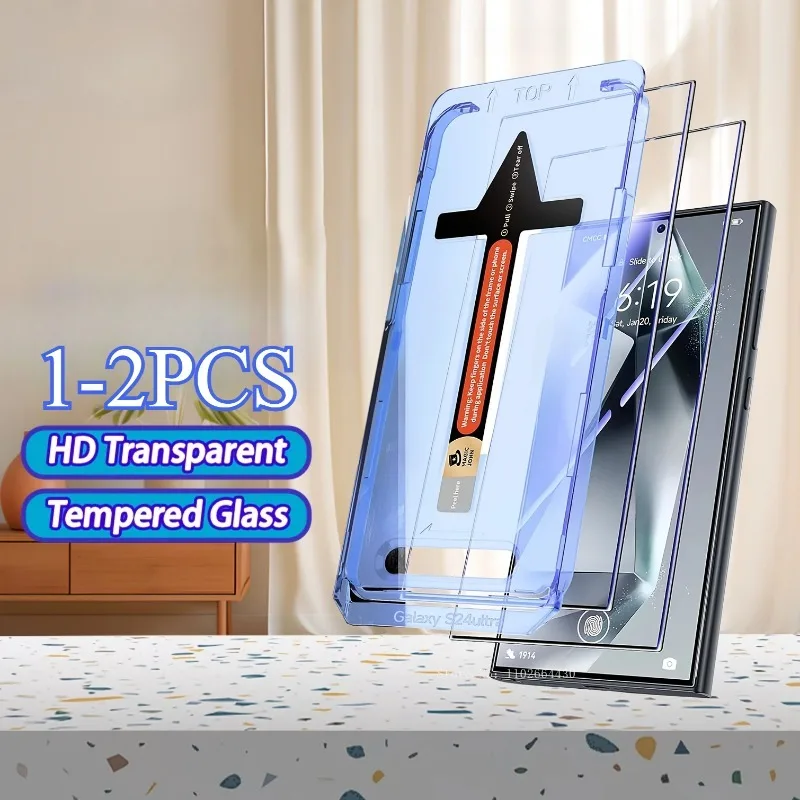1-2Pcs One Click Installation Screen Protector For Samsung Galaxy S25 S23 S24 Ultra S22 S21 S25 Plus Transparent Tempered Glass