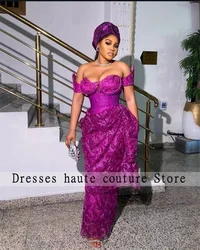 Luxury Aso Ebi Purple Lace Off Shoulder Evening Dresses 2026 Nigerian African Women Formal Party Gown Mermaid Customized