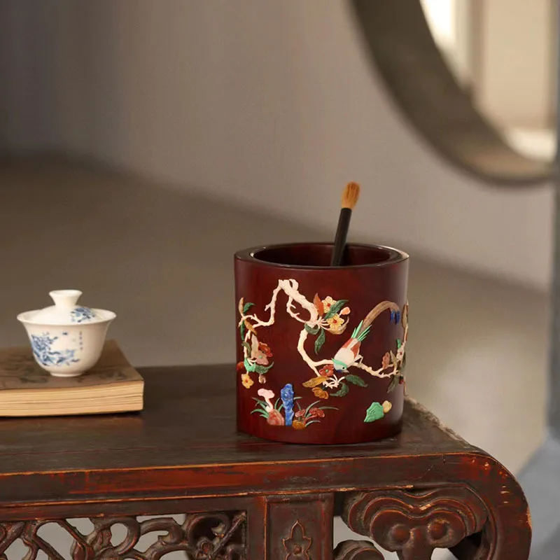 Red sandalwood treasure inlaid Qi Mei birthday pen holder hand-dug whole wood study room ornament