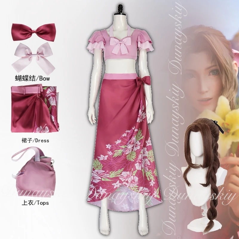

VII FF7 Rebirth Game Aerith Gainsborough Косплей с розовым платьем и длинным коричневым париком Косплей disfraz Полный костюм