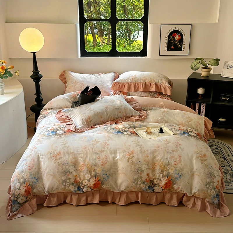 French Vintage Flowers Print Ruffles Bedding Set 100% Cotton Queen Size Duvet Cover Set Bed Sheet/Fitted Sheet Pillowcases 4Pcs