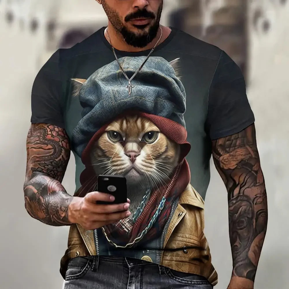 Casual Men's T-Shirt Stray Cat Pattern Printed T-Shirt Loose Short Sleeved T-Shirt Oversized Men Clothing Tops Streetwear Summer