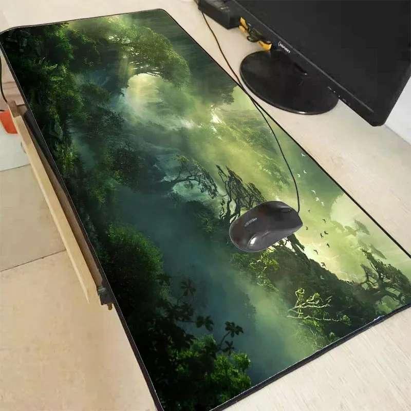 MRGBEST Fantasy Forest  Mouse Pad Green Landscape Tree Gaming Custom 400x900mm Keyboard Mat Non-Slip Natural Rubber RugLock Edge