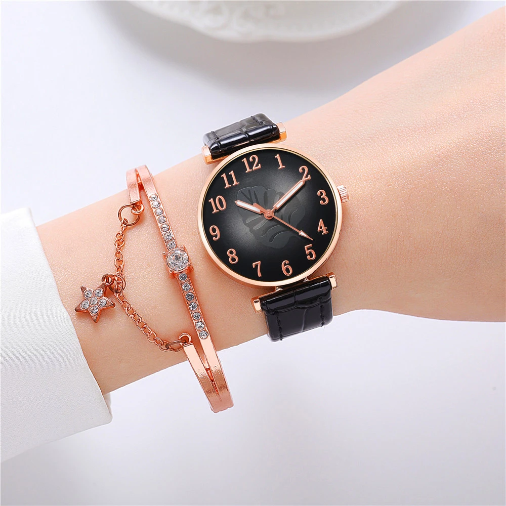 2pcs Set Fashion Dresses For Women 2023 Women Brands Watches Luxury Digital Leaves Ladies Quartz Watch Black Leather Clock