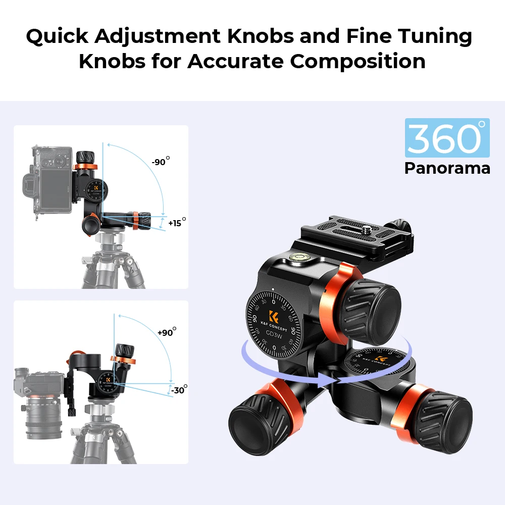 K&F Concept High Precision Fluid Head Load Capacity 13.2lbs/6kg 3 Way Geared Tripod Head Aluminum Alloy for Photography Camera