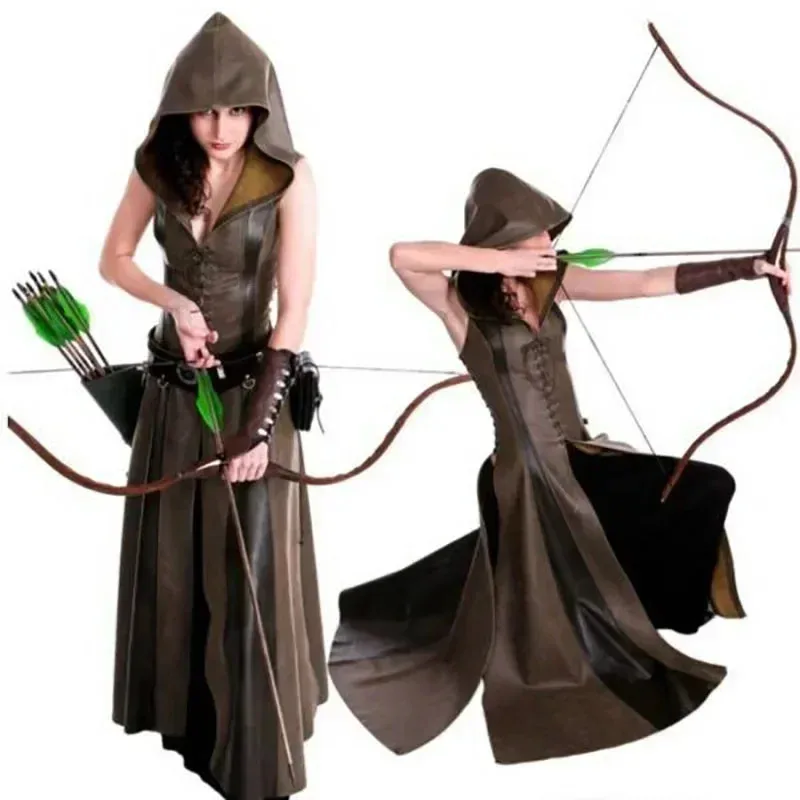 Medievale Archer Ranger Elfo Halloween Hobbit Costume Donna Assassino Jerkin Cosplay Corpetto Abito Cappuccio in pelle Veste Mantello per adulto