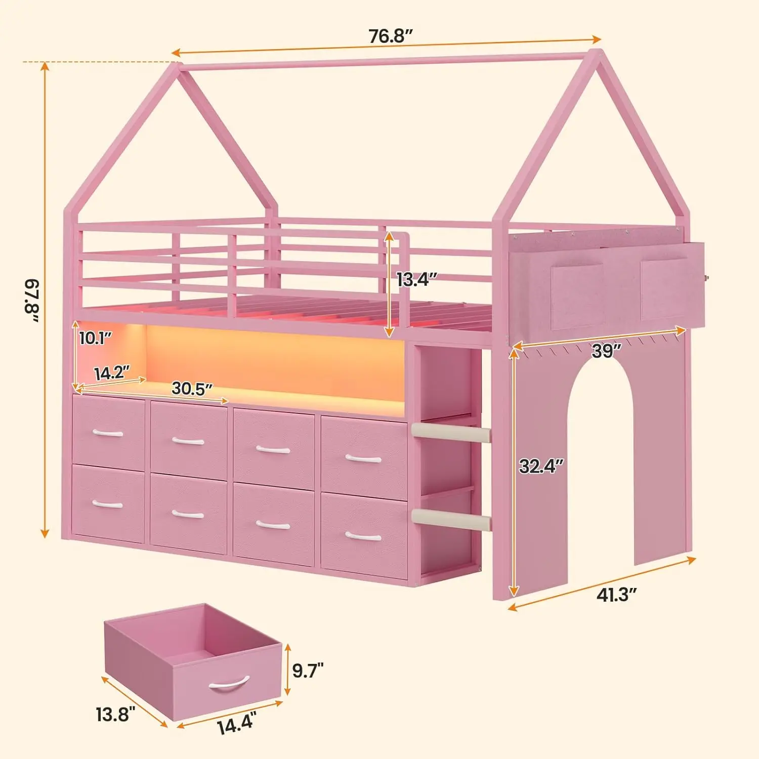 Low Loft Bed Twin Size with 8 Storage Drawers, LED House Loft Bed | Gilrs Princess Pink Twin Size Loft Bed, Storage, Customized