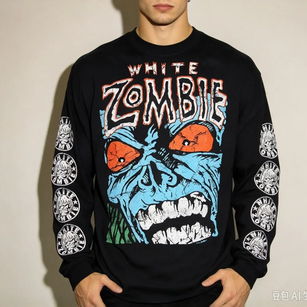 White Zombie Leader Sleeve Retro Zombie Skull Printed Rock Punk Style Men's and Women's Round-neck Long-sleeved Shirt