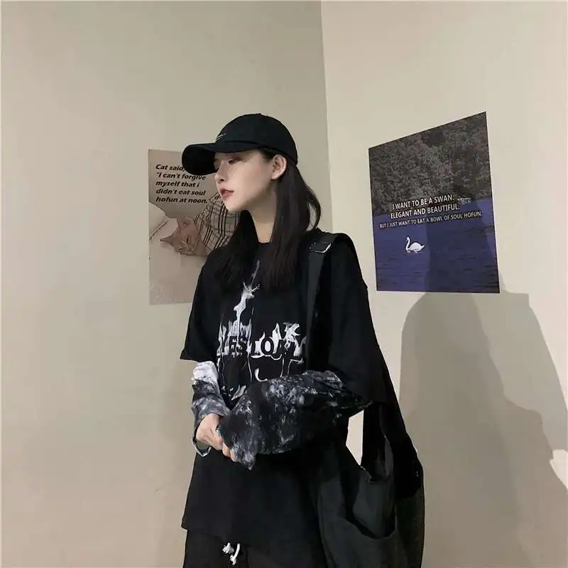 Man Women T-shirt High Street Cool Style Girl Dressing Splicing Fake Two Piece Loose Medium Long Tie Dyeing Long Sleeve T-shirt