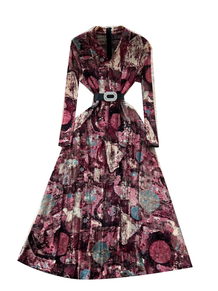 Ele V-ne con cintura lunga Sve stampa floreale Dr Gonna lunga drappeggiata dimagrante da donna Gonna a trapezio a vita alta in fibra di poliestere