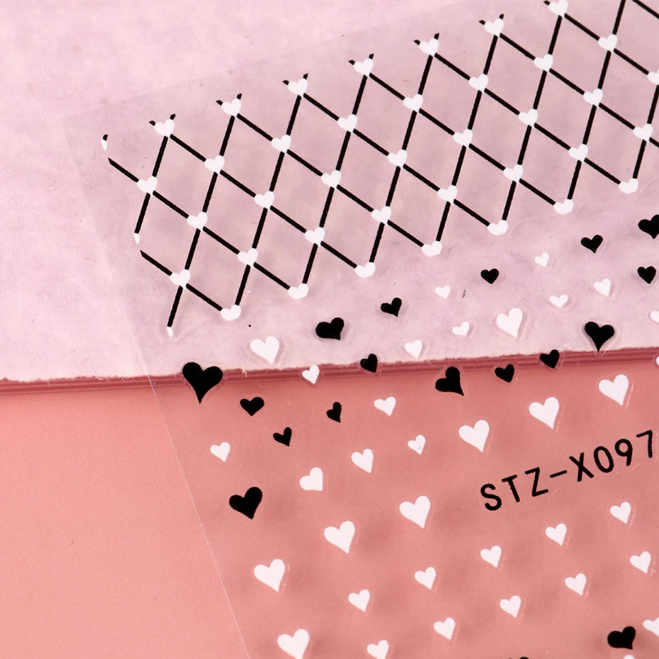 ملصقات أظافر على شكل قلب أسود وأبيض لتزيين فن الأظافر، تصميم لامع على شكل قلب ونجمة لجماليات الأظافر