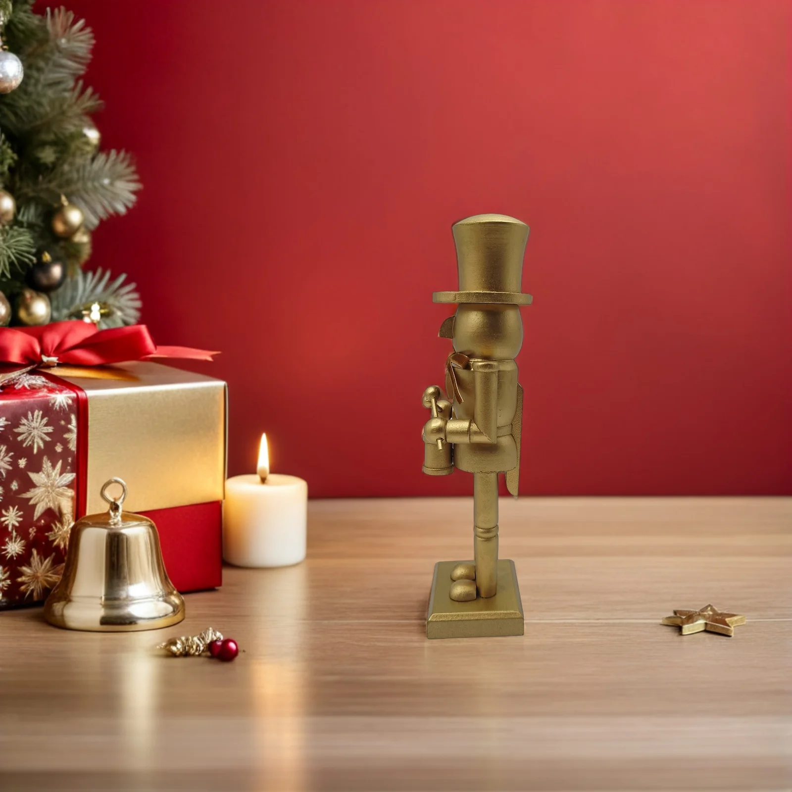 

Classic Christmas Nutcracker Golden Bowknot Wooden Statue Holiday Display Mantel Shelf Table Centerpiece Xmas Decor