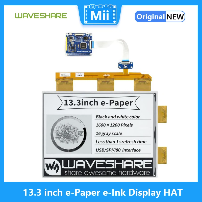 

Waveshare 13.3 inch e-Paper e-Ink Display HAT For Raspberry Pi, 1600*1200 resolution, 16 Grey Scales, Supports partial refresh